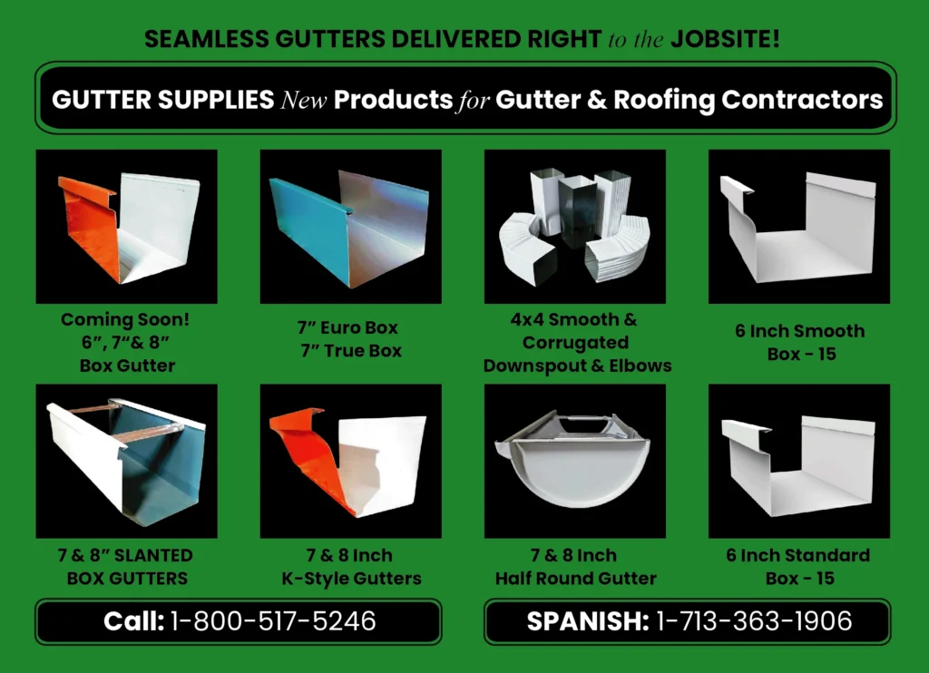 Seamless gutters delivered to jobsite - gutter supplies including box gutter, K-style, half round, and Euro box gutters for contractors